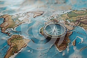 Magnetic old compass on world map. Travel, geography, navigation, tourism and exploration concept background