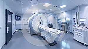 Magnetic resonance imaging (MRI) technology scanner in medical center room among another diagnostic devices.