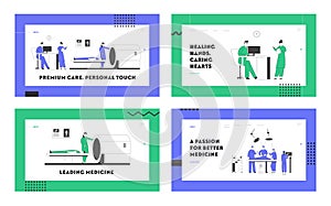 Magnetic Resonance Imaging and Surgeon Operation in Hospital Website Landing Page Set. Professional Doctors in Clinic
