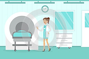 Magnetic Resonance Therapy, Doctor in White Coat Standing next MRI Scanner Diagnostic Machine in Medical Clinic Cartoon