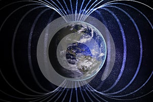 Magnetosphere or magnetic field around Earth. 3D rendered illustration