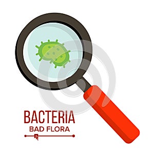 Magnifer And Germs Vector. Bacteria Sign Through Magnifying Glass. Microbes. Hygiene, Public Health, Disease Risk