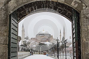 Magnific view of Hagia Sophia Museum in winter day with snow.