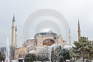 Magnific view of Hagia Sophia Museum in winter day with snow.