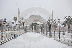 Magnific view of Hagia Sophia Museum in winter day with snow. photo