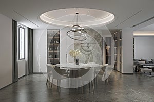 A Magnificence Dining Space Interior Design and LED Chandelier Light , White Ceiling