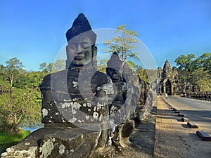 Magnificence Tonle Om Gate with Khmer statues, Angkor Wat, Siem Reap, Cambodia