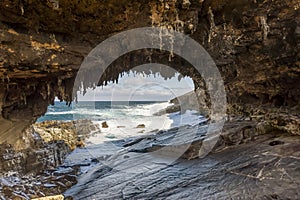 The magnificent Admirals Arch beaten by the waves of the sea, Kangaroo Island, Southern Australia