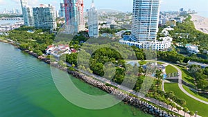 Magnificent aerial view on South Pointe Park with incredible landscape, private mansions and multi-storey glassy towers