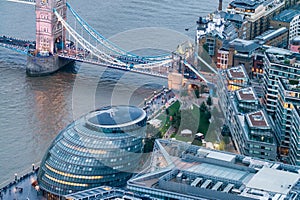 Magnificent aerial view of Tower Bridge and modern city skyline