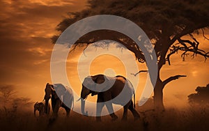 Magnificent African Elephants, sunset Silhouette in the Savannah, Generative AI