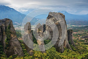 Magnificent autumn landscape of Meteora. Meteora rocks in a sunny, cloudy day. Pindos Mountains, Thessaly, Greece, Europe