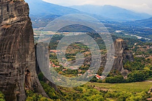 Magnificent autumn landscape of Meteora. Meteora rocks in a sunny, cloudy day. Pindos Mountains, Thessaly, Greece, Europe