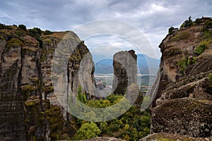 Magnificent autumn landscape of Meteora. Meteora rocks in a sunny, cloudy day. Pindos Mountains, Thessaly, Greece, Europe