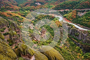 Magnificent autumn landscape of Meteora. Meteora rocks in a sunny, cloudy day. Pindos Mountains, Thessaly, Greece, Europe