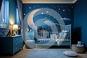 A magnificent bedroom for a boy with a starry sky on the wall. Elegant furniture to ensure comfort.