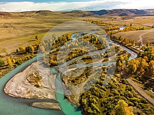 Magnificent bird's-eye view of the winding Chuya River among the Altai Mountains.Altai