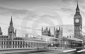 Magnificent black and white view of Westminster traffic in the night, London