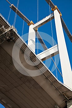 Magnificent Bosphorus bridge connecting the Asian and European sides, bottom view detail, Istanbul Turkey