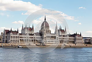 The magnificent building of the Hungarian Parliament on the Danube River embankment. Summer sunny day. Budapest  Hungary