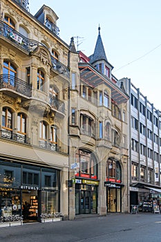 Magnificent buildings in the nice Freie Str. Basel, Swiss, Europe