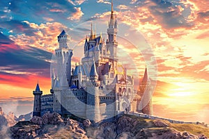 A magnificent castle perched on a hill, basking in the ethereal glow of a breathtaking sunset, A fairy tale-like castle against a