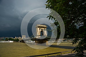 Magnificent Chain Bridge in beautiful Budapest. Szechenyi Lanchid is a suspension bridge that spans the River Danube between Buda