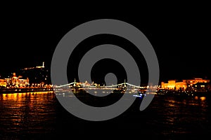 Magnificent Chain Bridge Szechenyi Lanchid at night in beautiful Budapest, Hungary