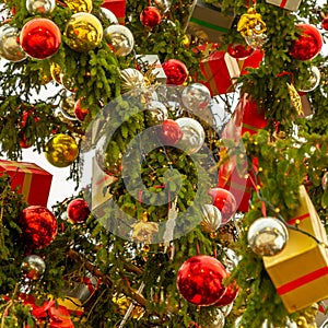 Magnificent Christmas tree decorated with silver and red balls and packages wrapped in wrapping paper, close-up view.