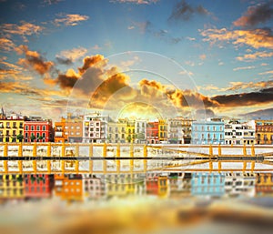 Magnificent Colorful panorama of Seville riverside of Guadalquivir at sunset, Spain