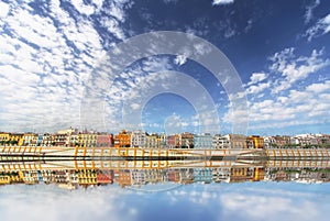 Magnificent Colorful panorama of Seville riverside of Guadalquivir at sunset, Spain