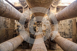 Magnificent columns steming the ceiling of the Horus temple in Edfu