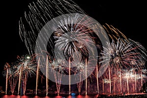 Magnificent fireworks over Daugava river to celebrate Riga City Festival.