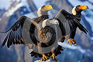 Magnificent Flock of Eagles Observed Vigilantly for Prey in the Majestic Snowy Mountain Landscape