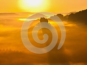 Magnificent fogy landscape , spring misty sunrise in a beautiful valley. Hills increased from fog, the fog is colored to gold photo