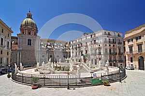 Magnificent fountain Fontana Pretoria on Piazza Pretoria. Work of the Florentine sculptor Francesco Camilliani. Palermo Sicily