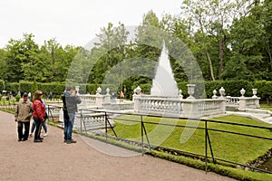 Petergof, Russia, July 2019. View of the fountain `Pyramid` in the lower park.