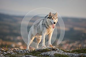 The magnificent gray Siberian husky stands on a rock in the Crimean mountains against the backdrop of the forest and mountains. A