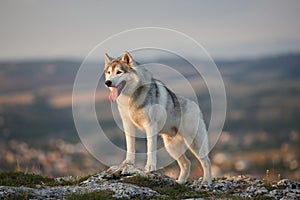 The magnificent gray Siberian husky stands on a rock in the Crimean mountains against the backdrop of the forest and mountains. A