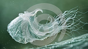 A magnificent illustration of a vorticella with its elegant bellshaped body and long stalk anchored to the surface of photo