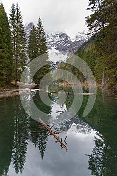 Magnificent lake Lago di Braies. The emerald smooth surface of water reflects the wood and mountains around photo