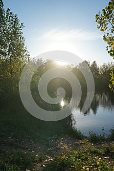 Magnificent landscape with Lake Wuhlesee at sunset in October. Marzahn-Hellersdorf, Berlin, Germany