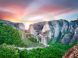 Magnificent magical landscape in the famous valley of the Meteora rocks in Greece at sunset. Great amazing world. Attractions
