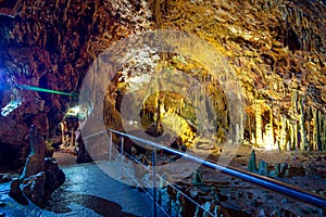 The magnificent and majestic caves of Diros in Greece. A spectacular sight of stalacites and stalagmites.