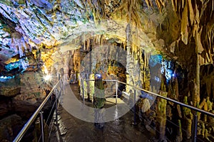 The magnificent and majestic caves of Diros in Greece. A spectacular sight of stalacites and stalagmites.