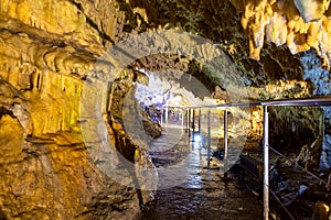 The magnificent and majestic caves of Diros in Greece. A spectacular sight of stalacites and stalagmites.