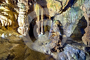 The magnificent and majestic caves of Diros in Greece. A spectacular sight of stalacites and stalagmites.