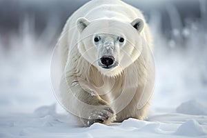 Magnificent Male Polar Bear waking toward the camera with snow background