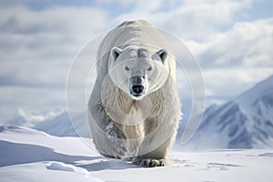 Magnificent Male Polar Bear waking toward the camera with snow background