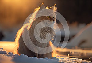 magnificent  Manx cat on snow made with Generative AI